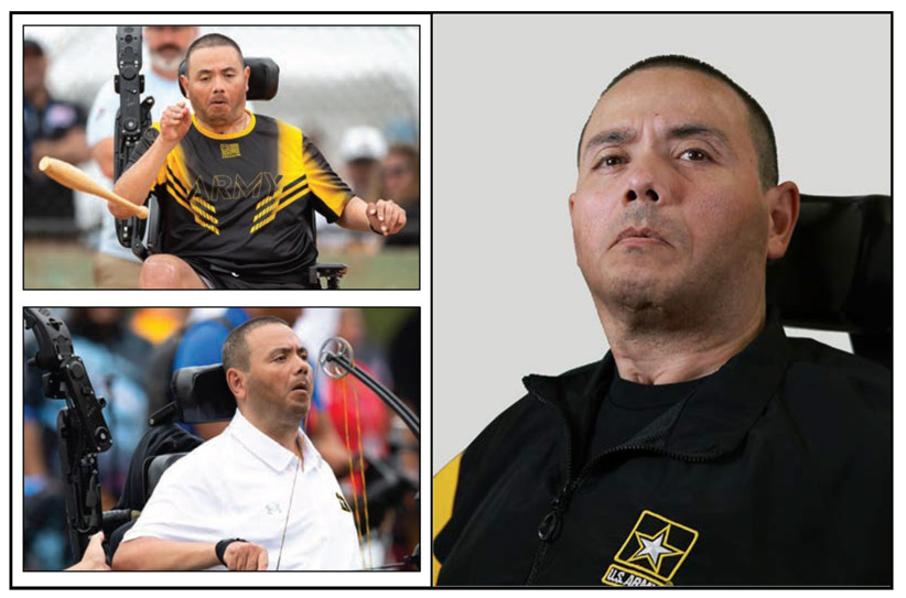 Images of Cpt. Luis Avila participating in Archery and Precision Air Shooting during the Army Trials and a headshot of Cpt. Luis Avila.