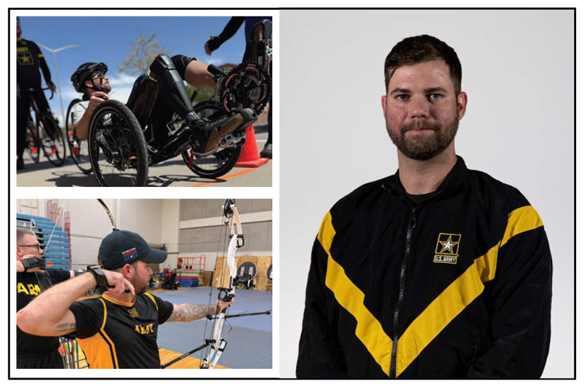 Images of Staff Sgt. Michael Britton participating in Archery and Wheelchair games during the Army Trials and a headshot of Sgt.Britton.