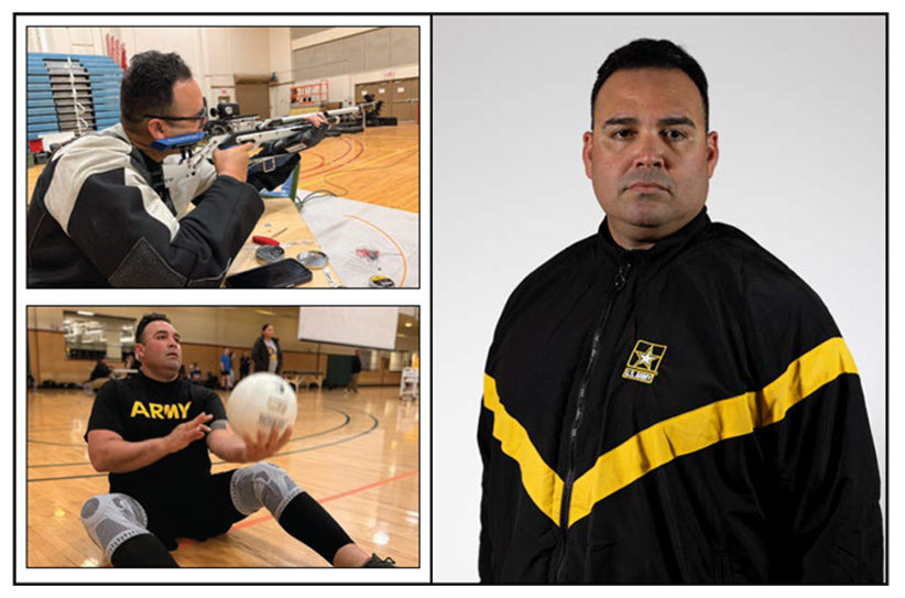 Images of Sgt. Jimmy Candelario participating in Precision Air Sports and Wheelchair Volleyball during the Army Trials and a headshot of Sgt. Candelario.