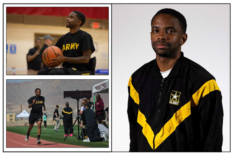 Images of Staff Sgt. Allaijah Churchwell participating in Wheelchair Basketball and Track during the Army Trials and a headshot of Sgt. Churchwell.