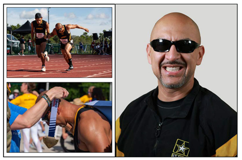 Headshot and Images of SGT. 1st Class Henry Escobedo participating in Track and receiving a medal.