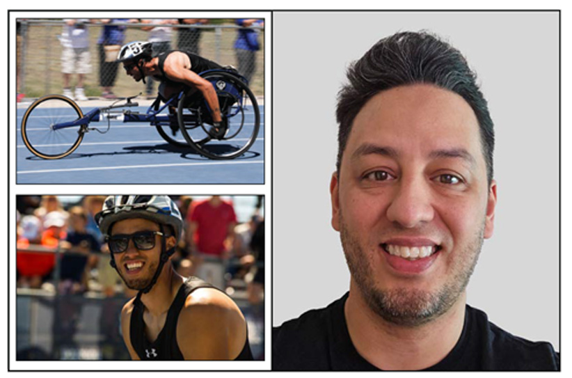 Images of Spc. Anthony Farve participating in Wheelchair Games and a headshot image of Spc. Farve.