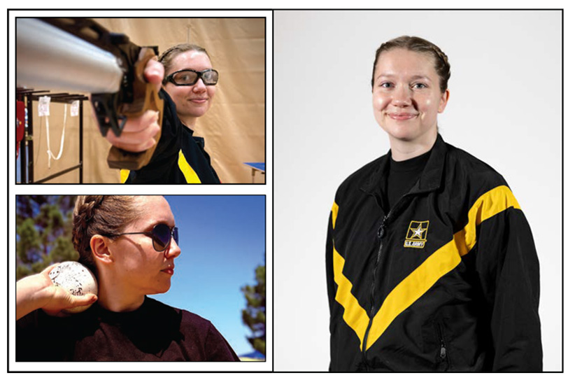 Images of 1st Lt. Samanta Frey participating in Precision Air Shooting and field events during the Army Trials. Also feature is a headshot of Sgt. Alvarez.