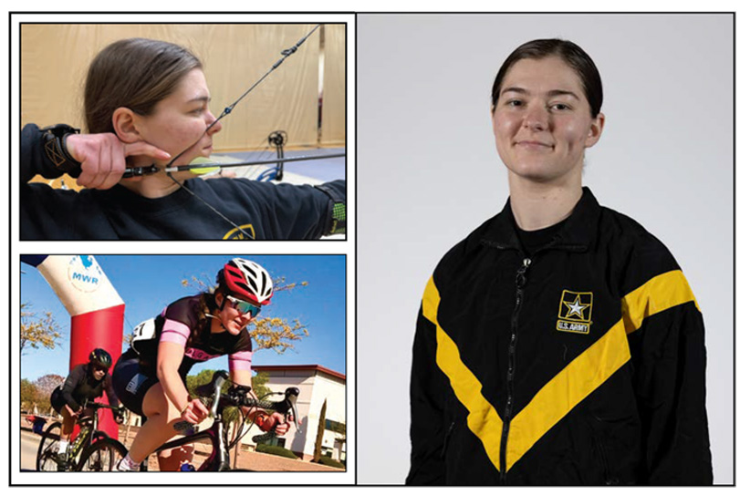 Images of Sgt. Bianca Hayden participating in Archery and Cycling during the Army Trials. There is also a headshot of Sgt. Hayden.