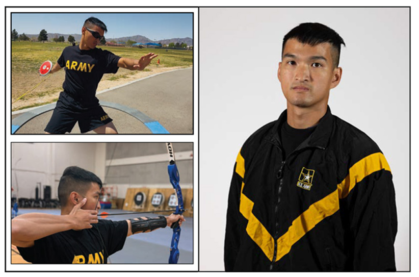 Images of Staff Sgt. Tam Hoang participating in Field Games and Archery during the Army Trials. Their is also a headshot of Sgt. Alvarez.