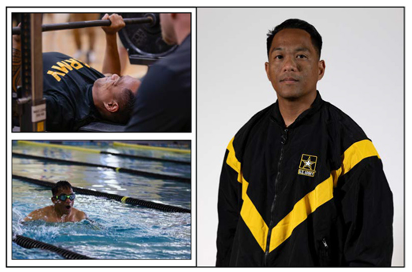 Headshot and Images of Staff Sgt. Nathaniel Mateo participating in Lifting and Swimming during the Army Trials.