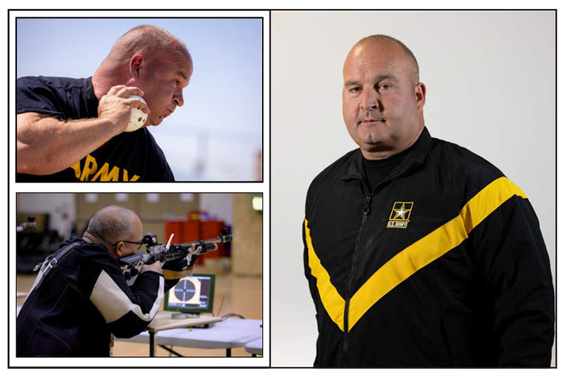 Headshot and Images of 1st Sgt. Christopher Morago participating in Field Games and Precision Air Games during the Army Trials.