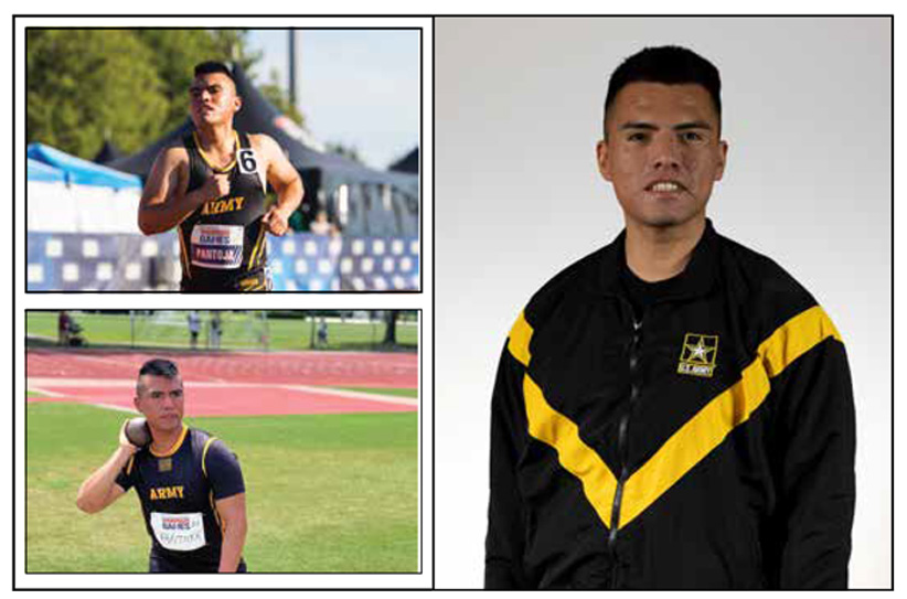 Headshot and Images of Spc. Alexis Pantoja participating in Track and Field Games during the Army Trials.