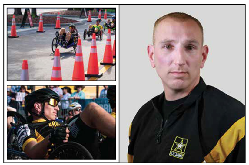 Headshot and Images of Sgt. 1st Class Jeffrey Peters participating in Cycling during the Army Trials.