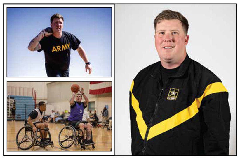 Headshot and Images of Staff Sgt. Tyler Pollard participating in Field Games and Wheelchair Basketball during the Army Trials.