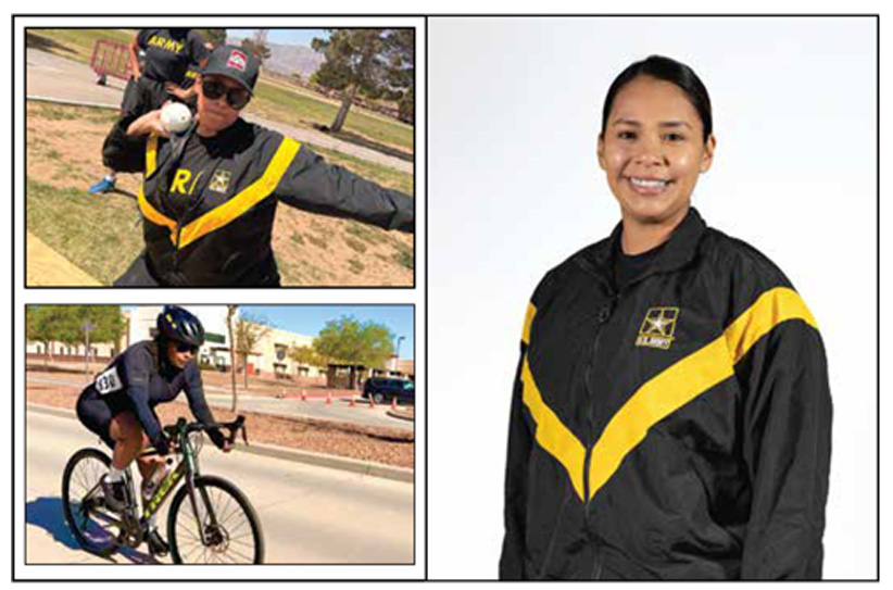 Headshot and Images of Staff Sgt. Mercedes Rangel participating in Cycling and Field Games during the Army Trials.