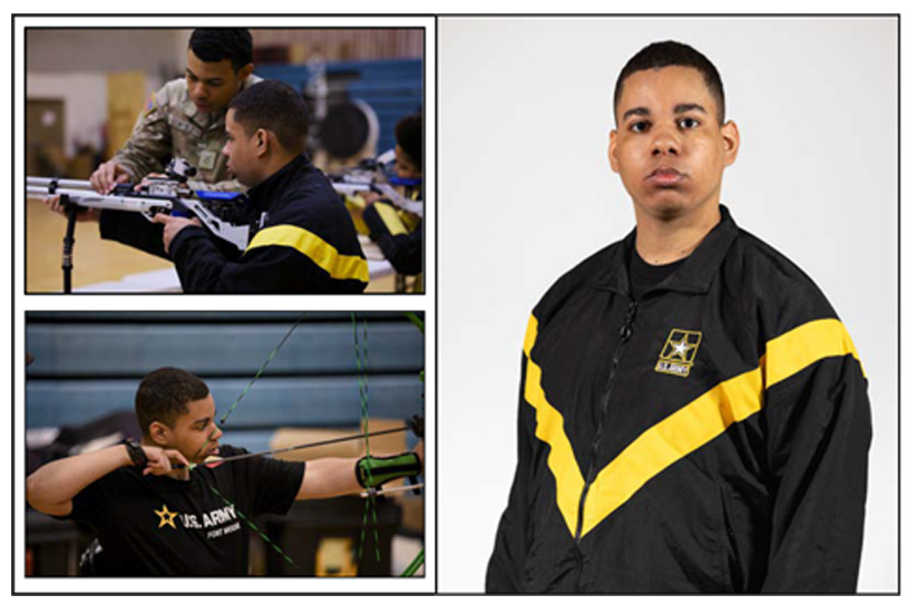 Headshot and Images of Pfc. Colby Maury-Rice participating in Precision Air Games and Archery during the Army Trials.