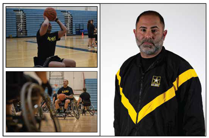 Headshot and Images of Cpt. Carlos Rivera participating in Wheelchair Basketball during the Army Trials.