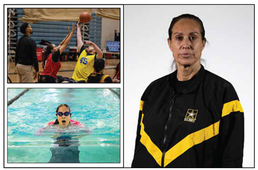 Headshot and Images of Lt. Col. Sherri Sanders participating in Wheelchair Basketball and Swimming during the Army Trials.
