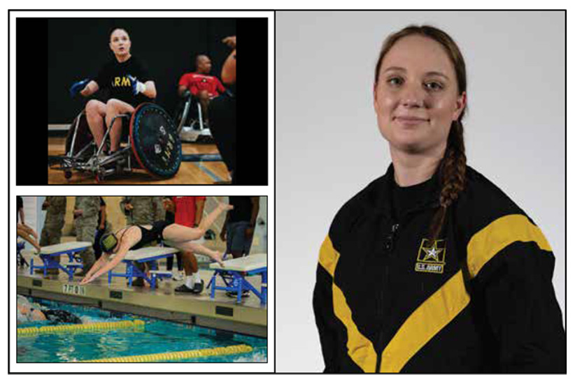 Headshot and Images of Spc. Avery Short participating in Wheelchair Games and Swimming during the Army Trials.