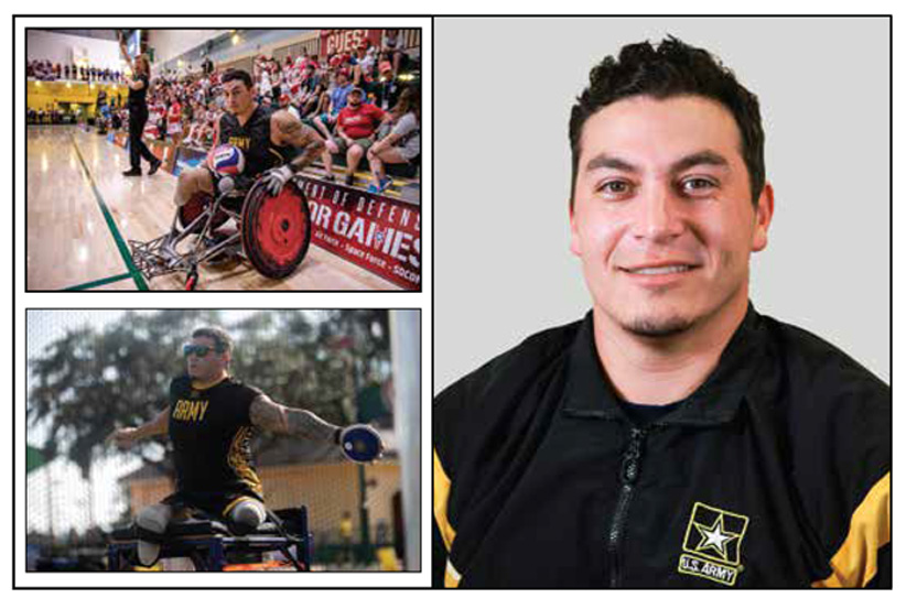 Headshot and Images of Sgt. Jason Smith participating in Wheelchair Rugby and Field Games during the Army Trials.