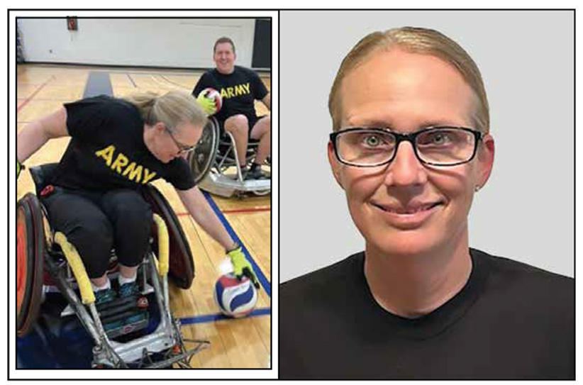 Headshot and Images of Maj. Amy Sparks participating in Wheelchair Rugby during the Army Trials.