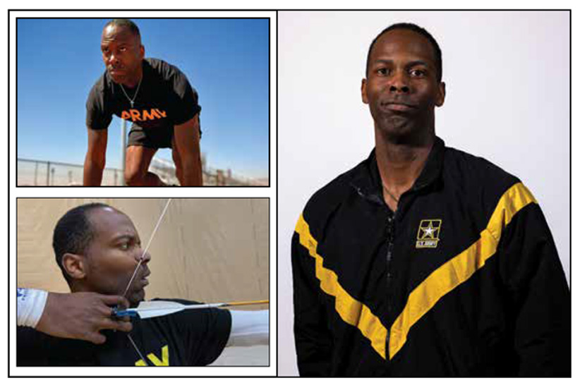 Headshot and Images of Staff Sgt. Derrick Thompson participating in Track and Archery during the Army Trials.
