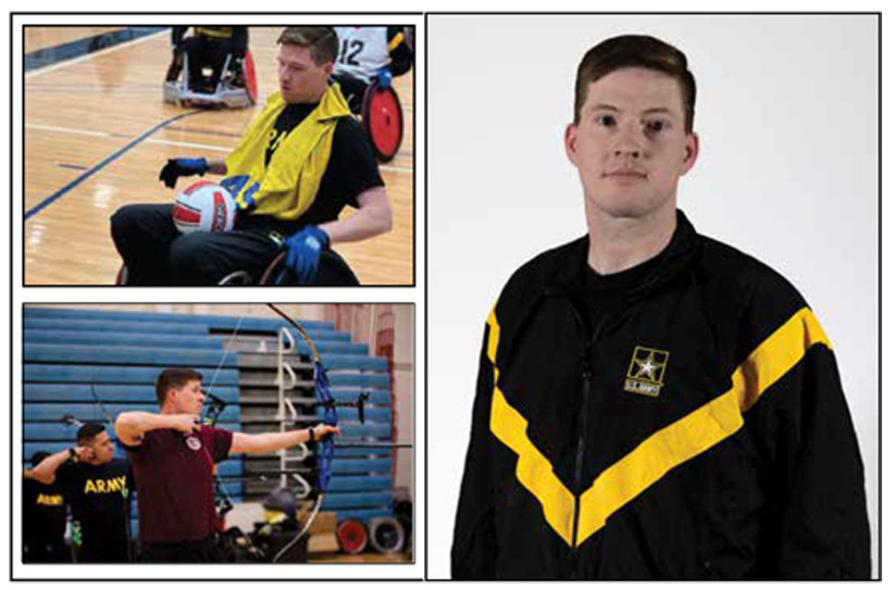 Headshot and Images of Staff Sgt. Coty Tuck participating in Wheelchair Rugby and Archery during the Army Trials.
