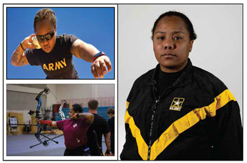 Headshot and Images of Sgt. 1st Class Valerie Watkins participating in Field Games and Archery during the Army Trials.