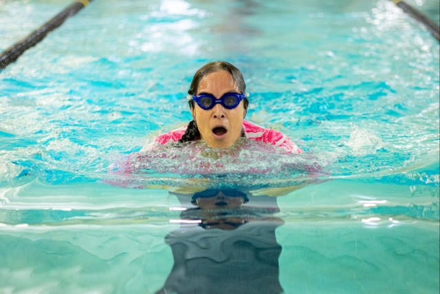 U.S. Army Lt. Col. Sherri Sanders swims breaststroke during the swimming competition at the 2025 Army Trials, Fort Bliss, Texas, April 5, 2025