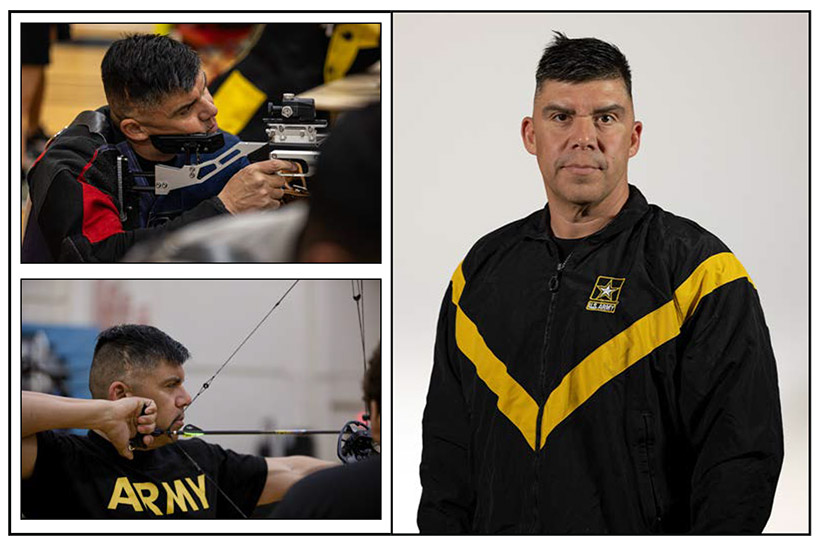 Images of Staff Sgt. Alberto Alverez participating in Archery and Precision Air Shooting during the Army Trials and a headshot of Sgt. Alvarez.