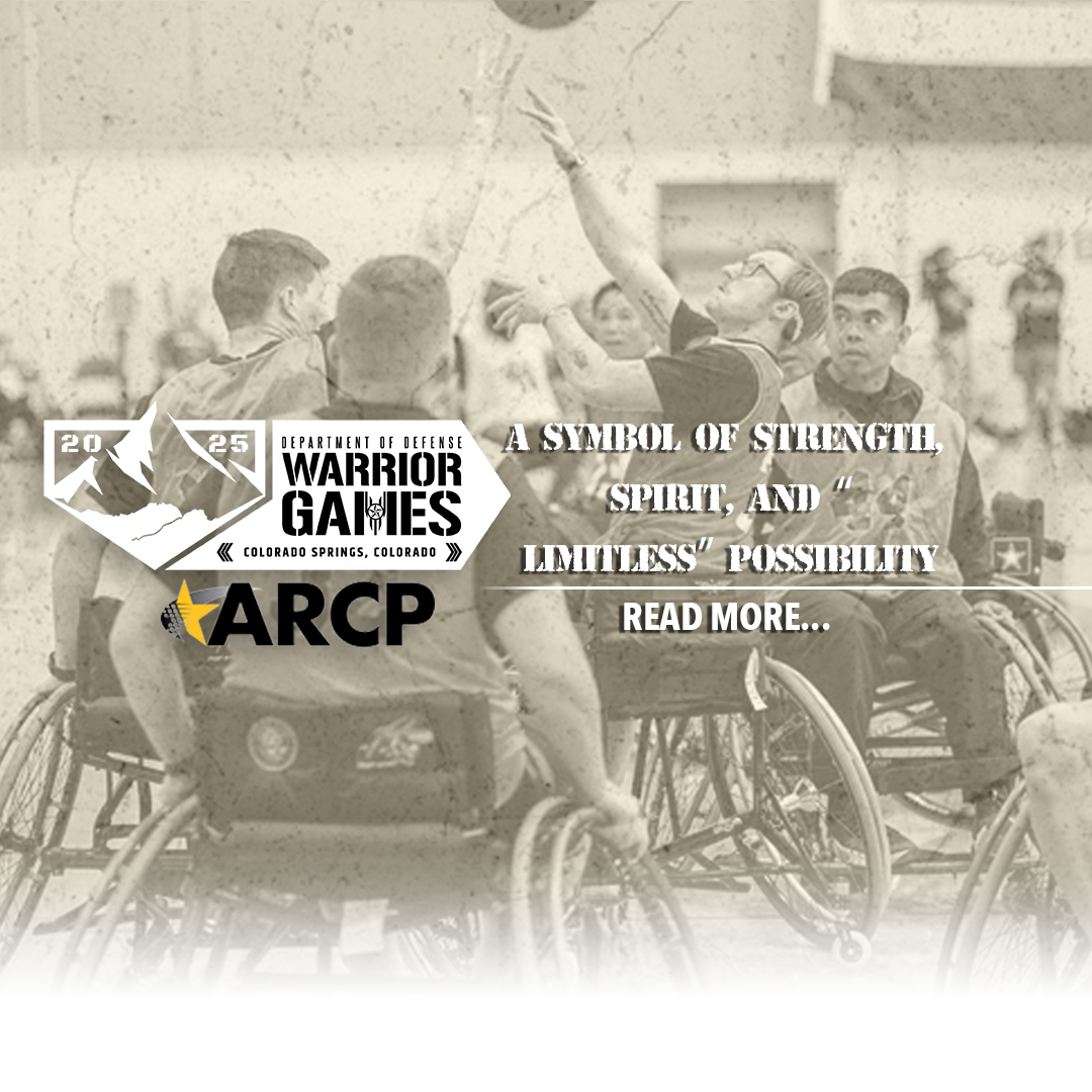 Warrior Games 2025 Logo with backdrop of Army participants playing wheelchair basketball